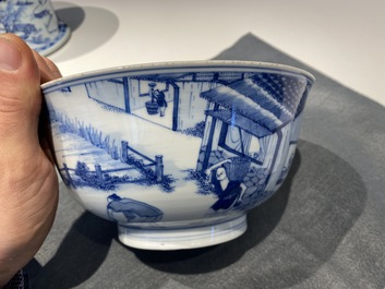 An imperial Chinese blue and white 'rice production' bowl, Kangxi mark and of the period